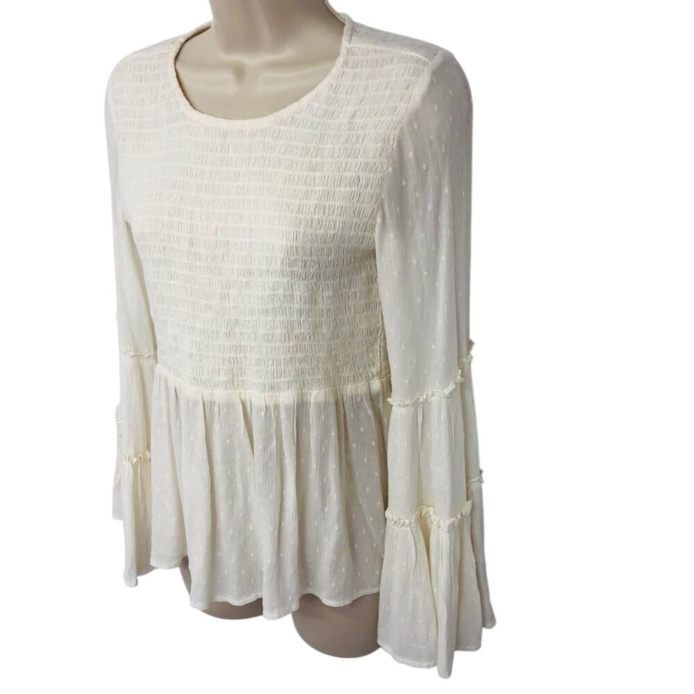 American Eagle Ivory Smocked Top Bell Sleeves Boho inspired Gauzy Dotted Swiss - Picture 13 of 16